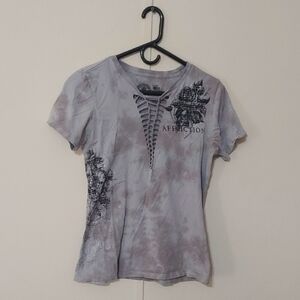 Y2K Affliction Women's Grey Tie Dye Shirt Tattoo Style Braided Neckline Size L